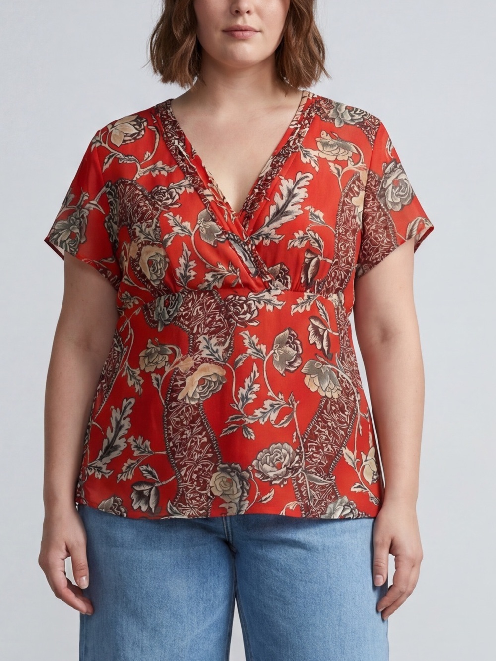 Bellissimo flutter-sleeve Chiffon blouse floral paisley faux-wrap V-neck Boho